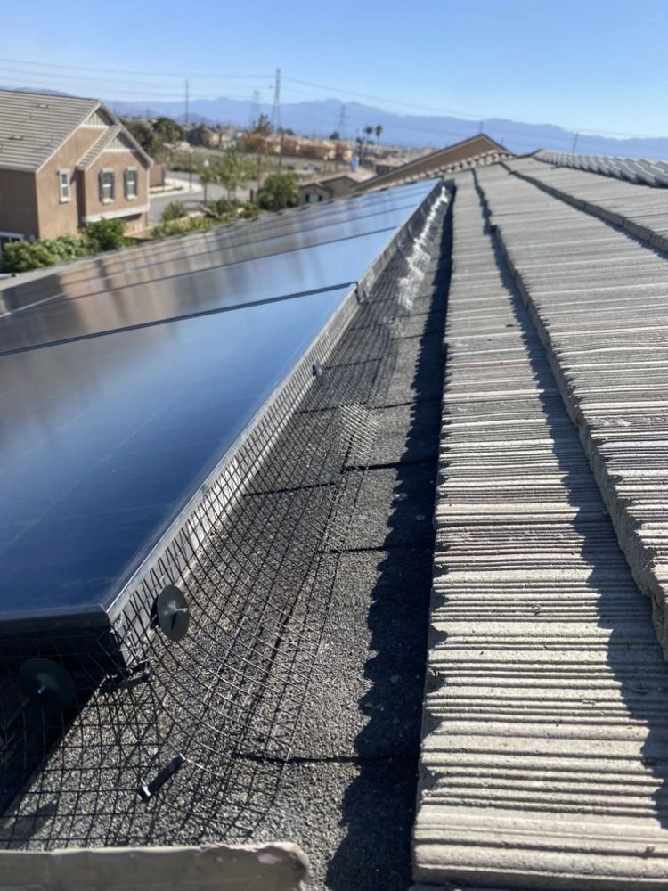Fitted bird-proofing mesh around the edge of a rooftop solar panel array
